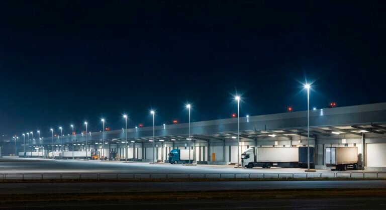 nighttime-scene-large-warehouse-with-trucks